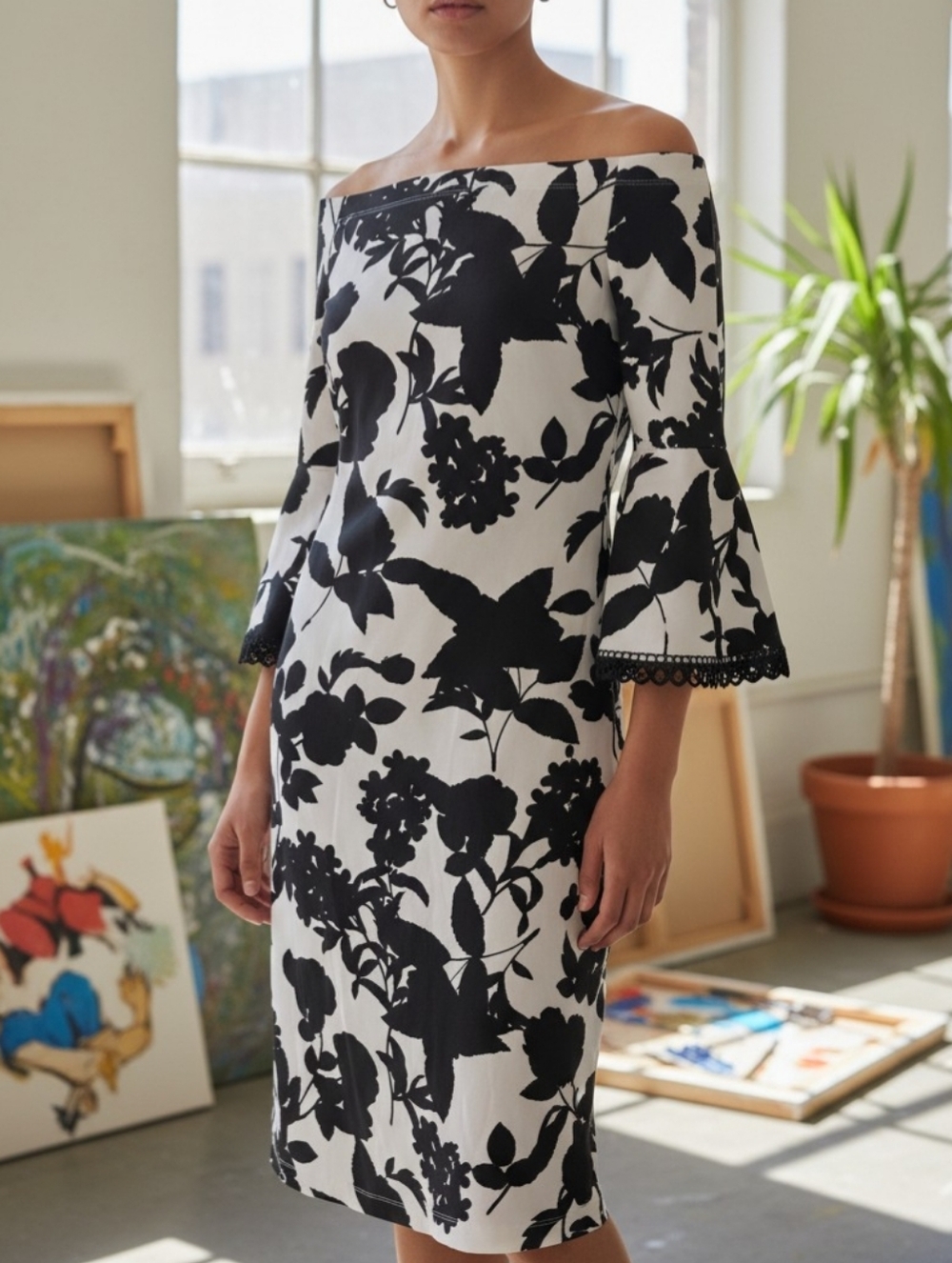 Premier Amore  Black & White Floral Off-Shoulder Sheath Dress 16. NWT